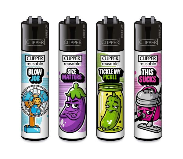 Clipper CLASSIC Large – Porn Slogan #8 4er Set mit „Blow Job“, „Size Matters“, „Tickle My Pickle“ und „This Sucks“; nachfüllbar, Softflame, Stopfhilfe.